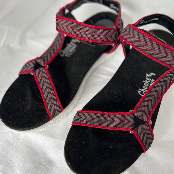 Tony Little CHEEKS Sandals Fit Body Straps Hook & Loop Red Black Fabric US Sz 7 - Picture 3 of 9